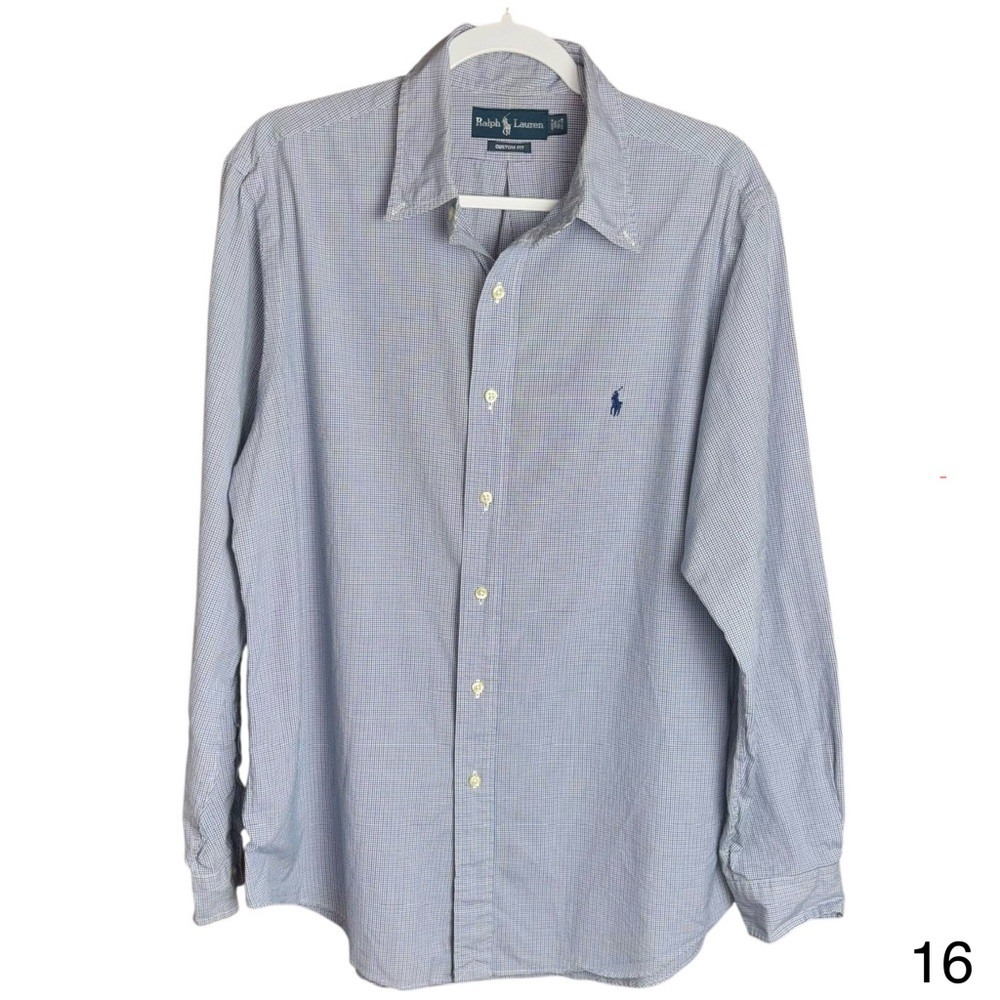 ralph lauren mens custom fit 16 1/2  34-35 plaid blue long sleeve collar shirt